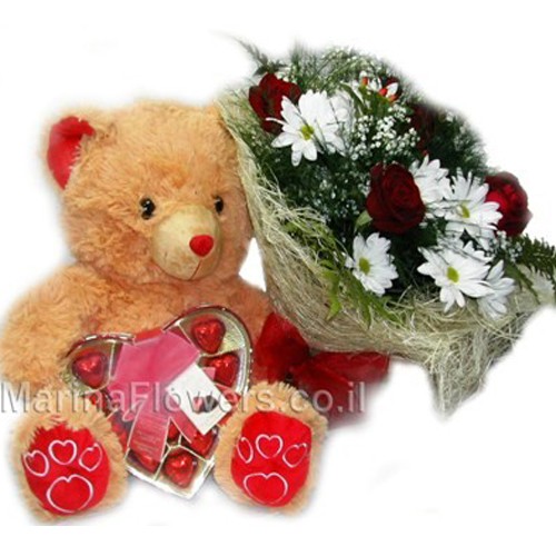 TEDDY BEAR WITH CHOCOLATE AND FLOWERS