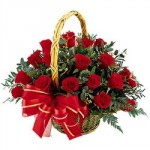 A basket of 25 red roses with a bottle of wine As a Gift 